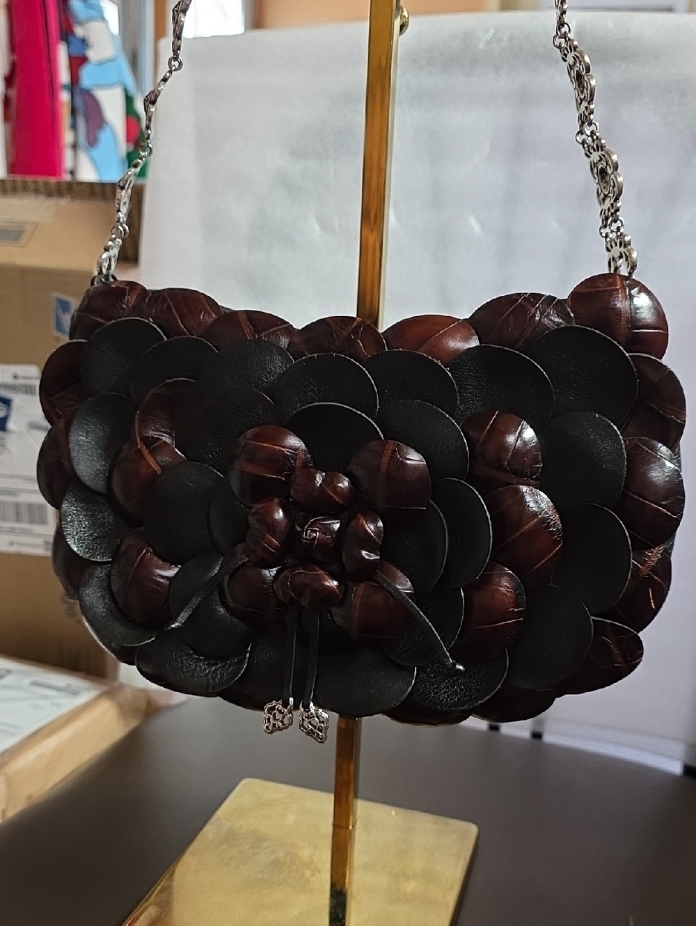 Brighton Rosalie 2 Tone Brown & Black Leather Floral Appliqué Shoulder Bag Euc